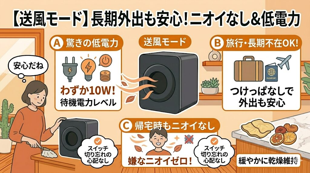 送風モード中の消費電力は、待機電力と同等レベル