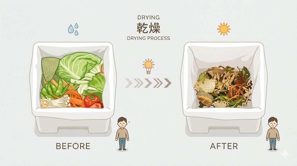 生ゴミの水分を約77%乾燥・減量した状態