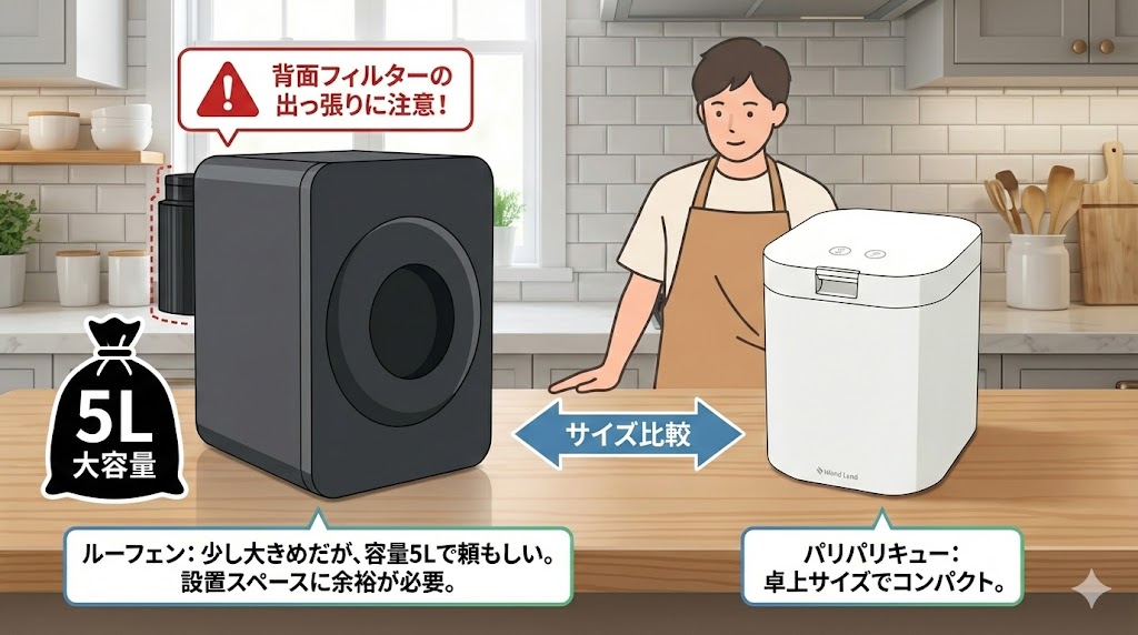ルーフェン：パリパリキューより大きい、設置スペースの確保が必要
