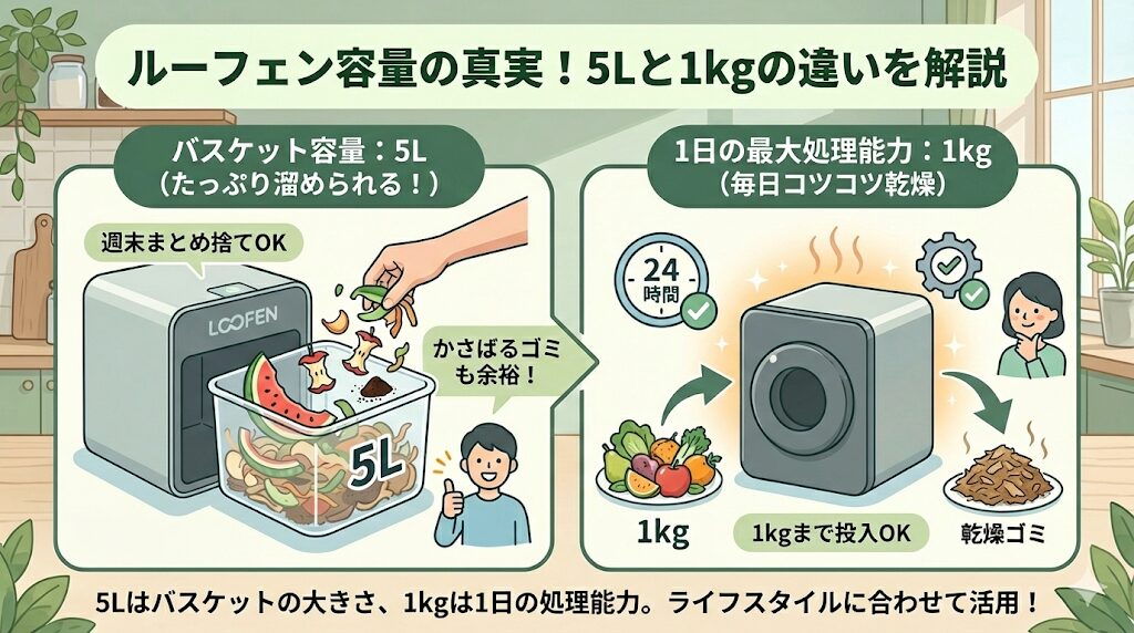 容量5Lはバスケットの大きさ、処理は1日最大1kgまで