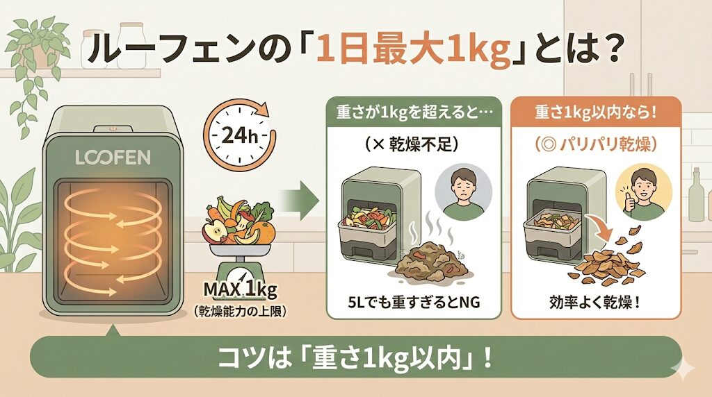 「1日最大1kg」というのは、ルーフェンが24時間で乾燥させられる生ゴミの重さの上限