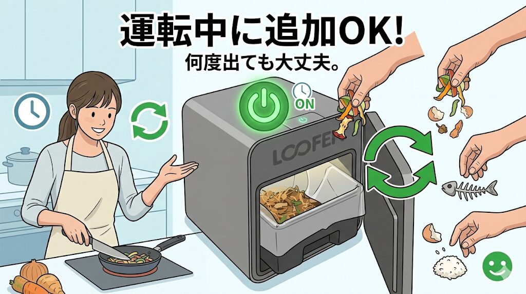 【昼】稼働中でもフタを開けてポイッ！何度でも追加投入OK