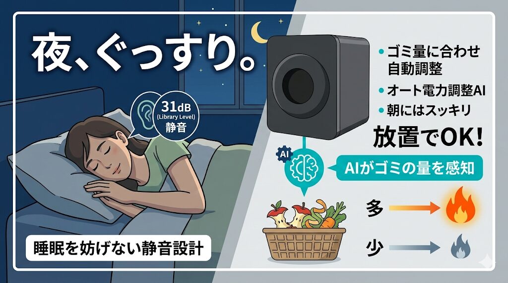 【夜】そのまま放置！ゴミの量に合わせてAIが自動でパワー調節