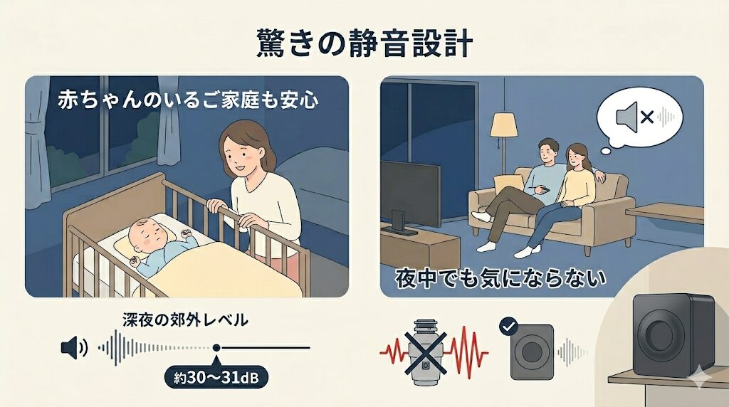 動作音が無音レベル、夜中やリビングでも気にならない