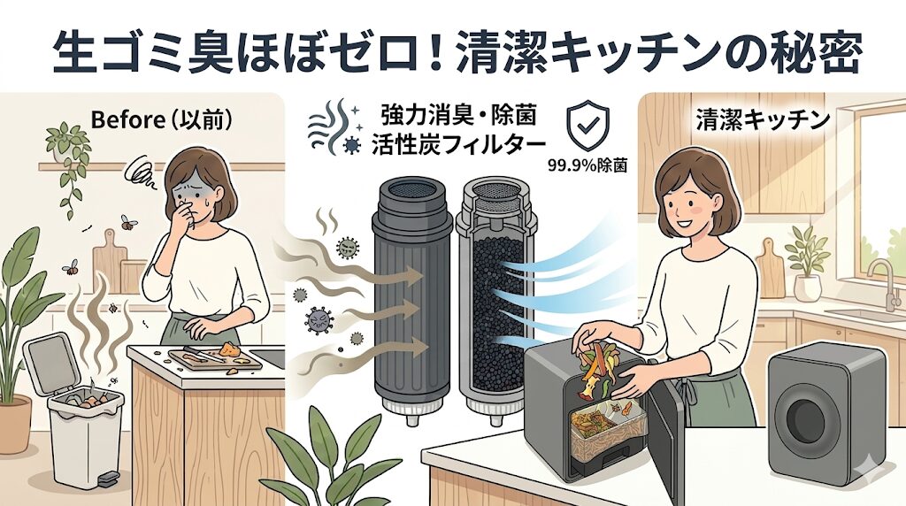 活性炭フィルターで生ゴミの嫌なニオイがほぼゼロ