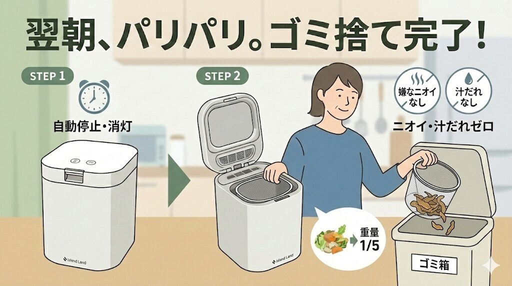 【翌朝】乾燥して量が減ったゴミを取り出して捨てるだけ