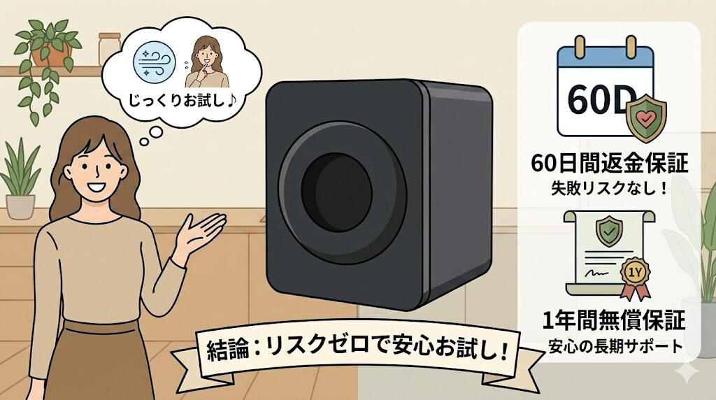 「60日間返金保証」と「1年間無償保証」で失敗のリスクがゼロ