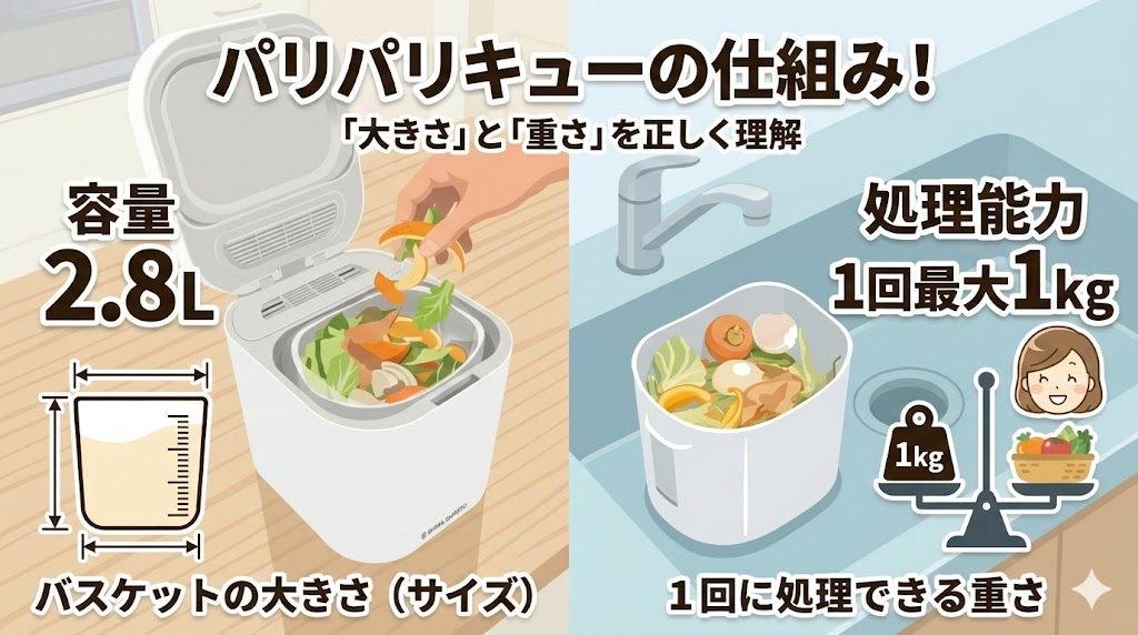 容量2.8Lは専用バスケットの大きさ！処理は1回最大1kgまで