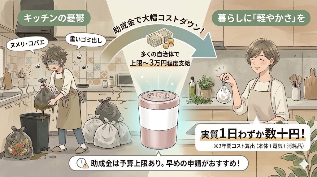 生ごみのヌメリやコバエに悩まされる「キッチンの憂鬱」を、1日わずか数十円で解決できるならば、良い投資だと思いませんか？