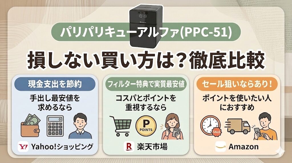 【まとめ】パリパリキューアルファ(PPC-51) を安く買う方法3選！「手出しの最安値」か「実質の最安値」かどちらか選ぼう！