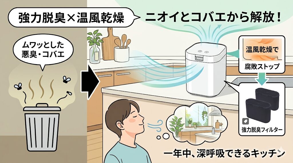 生ごみの悪臭やコバエを防いで、キッチンを清潔に保ちたい人