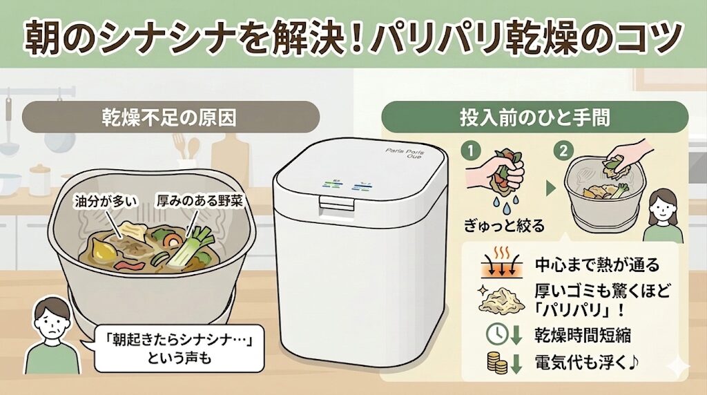 生ゴミの種類により乾燥不足の可能性あり