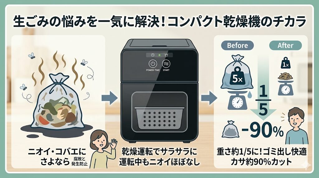 生ごみの悪臭やコバエを防ぎ、重さを約1/5に減らせる