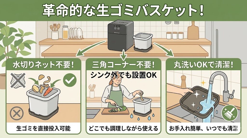 バスケットは水切りネット不要！受け皿付きでシンク外でも使える