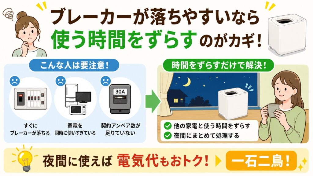 解決策：ブレーカーが落ちやすいなら他の家電と使う時間帯をずらす
