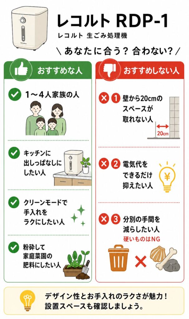 レコルト生ごみ処理機 RDP-1
おすすめな人、おすすめしない人
