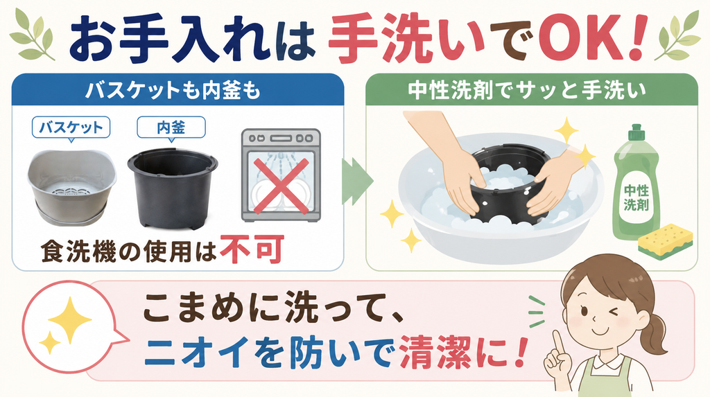 手入れ：バスケットの食洗機の使用は不可