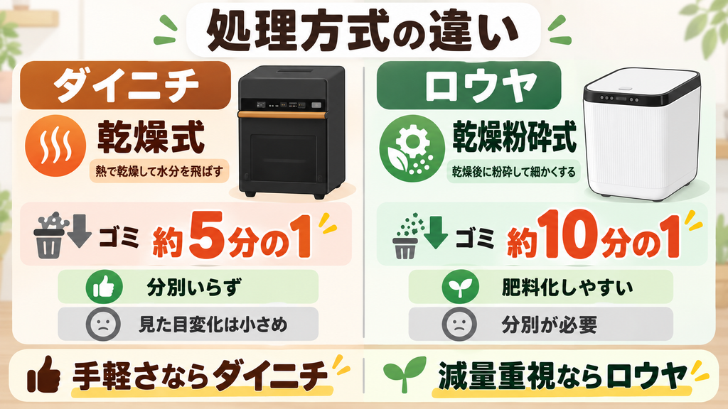 処理方式：乾燥式の「ダイニチ」と、粉砕式の「ロウヤ」