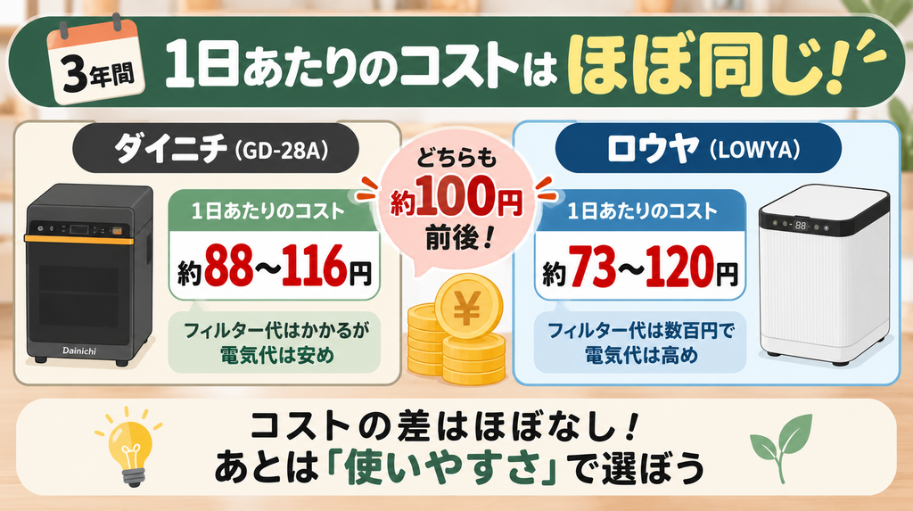 3年間のトータルコスト：どちらを選んでも1日約100円前後とほぼ互角！