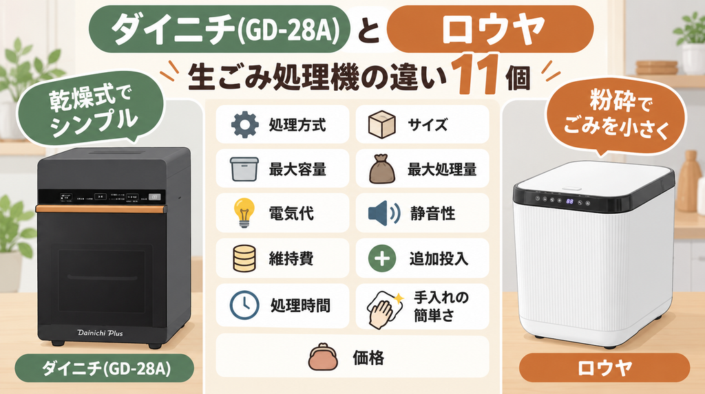 【比較表あり】ダイニチ（GD-28A）とロウヤ生ごみ処理機の違い11個